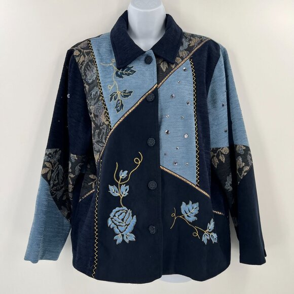 Graff Petite Large PL Patchwork Jacket Blue Embroidered Floral Embellished Lined - Picture 12 of 12